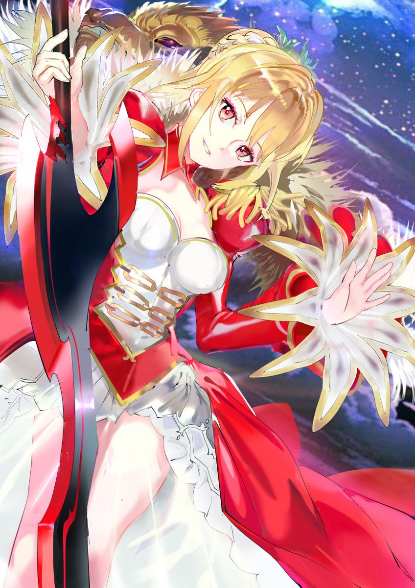 119 1girl bangs blonde_hair breasts cleavage corset epaulettes fate/grand_order fate_(series) hair_braid highres lion looking_at_viewer nero_claudius_(fate) nero_claudius_(fate)_(all) red_eyes see-through smile solo space sword weapon