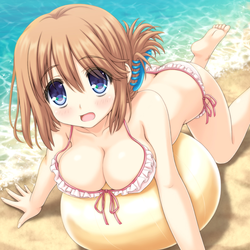 1girl aoi_akua beach bikini blue_eyes blush breasts brown_hair folded_ponytail komaki_manaka large_breasts looking_at_viewer ocean sand solo swimsuit to_heart_2 water