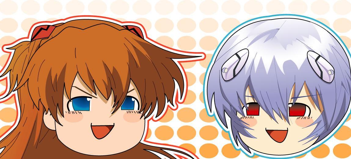 &gt;:d ayanami_rei blue_eyes blue_hair blush_stickers female kowai_kowai long_hair neon_genesis_evangelion no_humans open_mouth orange_background orange_hair parody polka_dot polka_dot_background red_eyes ribbon short_hair souryuu_asuka_langley touhou yukkuri_shiteitte_ne