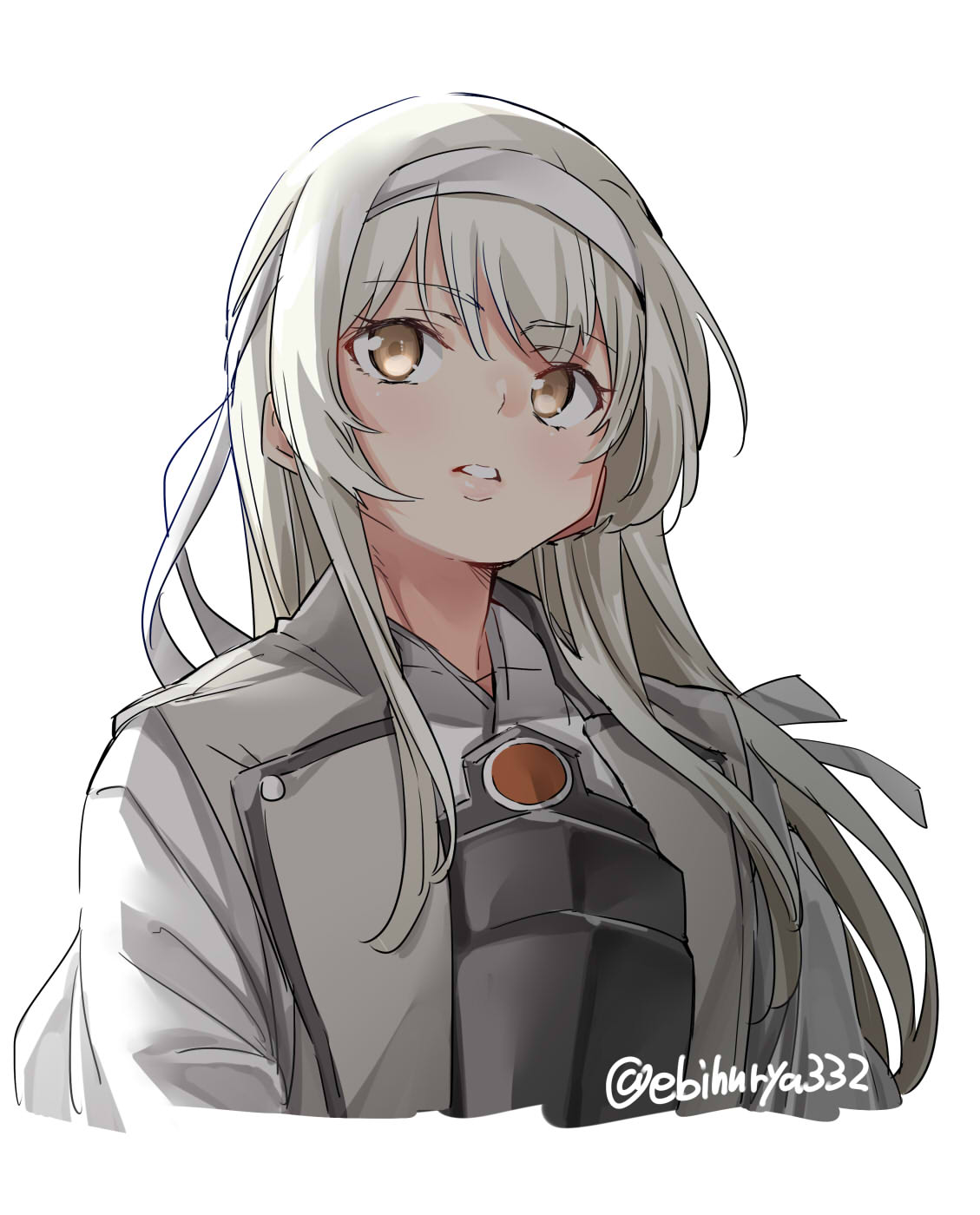 1girl bangs breastplate ebifurya eyebrows_visible_through_hair from_below highres japanese_clothes kantai_collection lips long_hair looking_away looking_up parted_lips portrait shoukaku_(kantai_collection) solo tareme twitter_username white_hair white_headband yellow_eyes