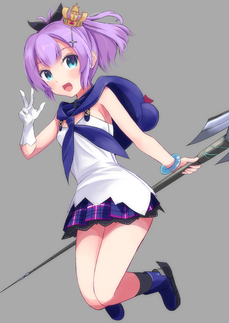 1girl :d azur_lane bangs bare_shoulders black_legwear black_ribbon blue_eyes blush boots camisole commentary_request crown eyebrows_visible_through_hair gloves grey_background hair_ornament hair_ribbon holding javelin javelin_(azur_lane) konpotsu mini_crown object_namesake open_mouth plaid plaid_skirt pleated_skirt ponytail purple_footwear purple_hair purple_skirt ribbon simple_background single_glove skirt smile socks solo white_camisole white_gloves