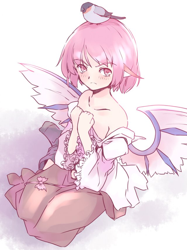 1girl animal_ears bare_shoulders bird black_legwear blush brown_skirt closed_mouth clothes_removed collarbone commentary eurasian_bullfinch eyebrows_visible_through_hair from_above glaring long_sleeves looking_at_viewer mystia_lorelei pink_eyes pink_hair rangycrow shirt short_hair skirt socks touhou white_shirt wide_sleeves wings