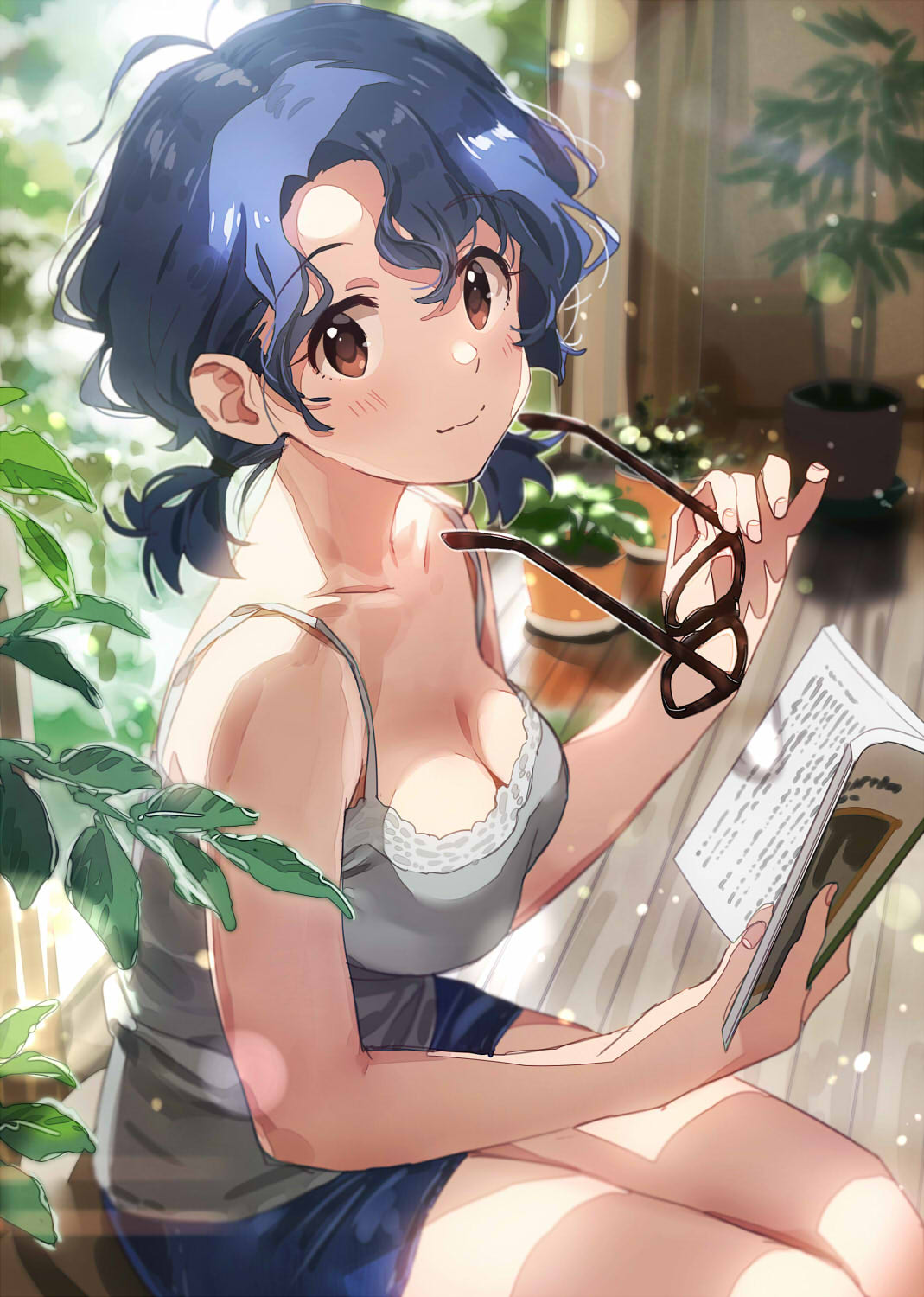 1girl bare_shoulders black-framed_eyewear blush book breasts camisole cleavage closed_mouth collarbone day denim denim_shorts eyebrows_visible_through_hair eyewear_removed from_side highres holding holding_book holding_eyewear idolmaster idolmaster_million_live! indoors leaf lens_flare light_rays looking_at_viewer looking_to_the_side low_ponytail medium_breasts nail_polish open_book pink_nails plant potted_plant shiny shiny_hair short_hair short_shorts shorts sitting sleeveless smile solo sonsoso spaghetti_strap sunbeam sunlight thighs toyokawa_fuuka wooden_floor