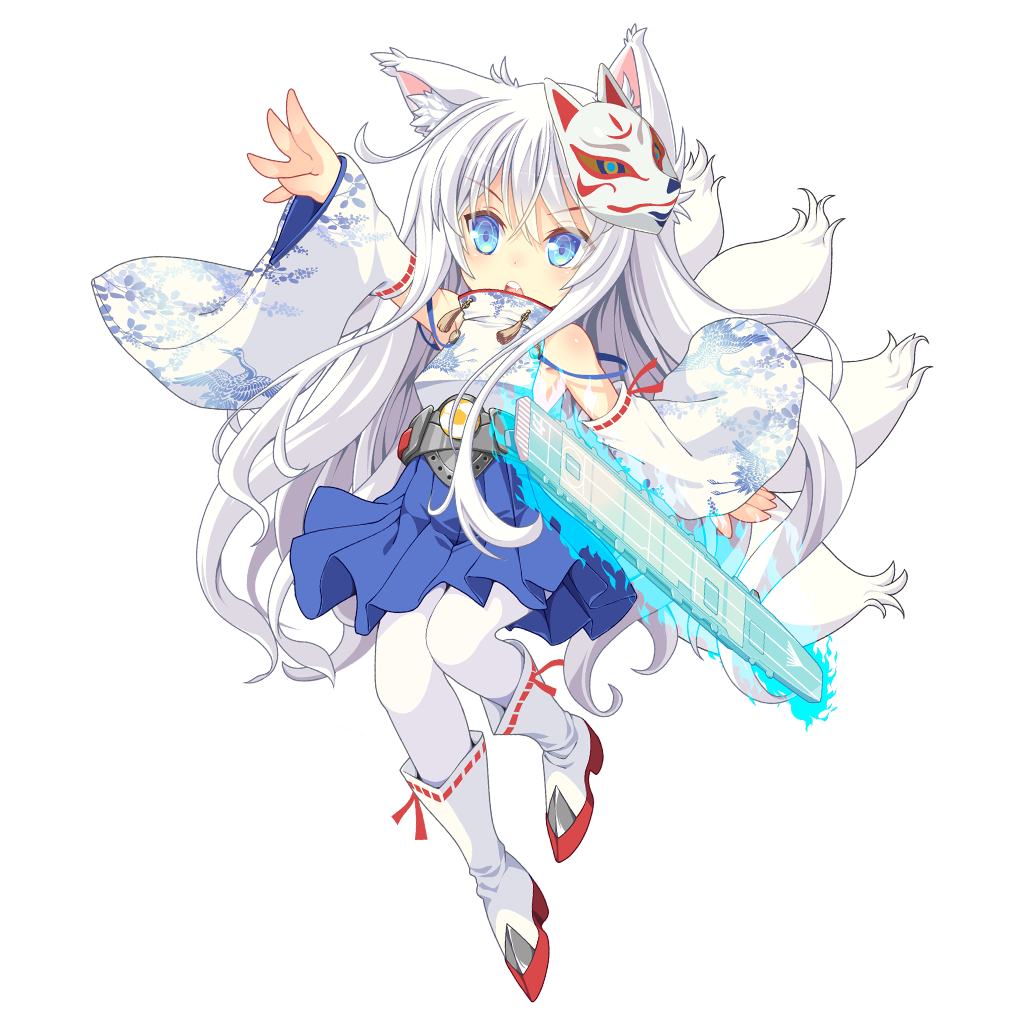 1girl animal_ears arm_up azur_lane blue_eyes character_request cosplay detached_sleeves fox_ears fox_tail full_body kaga_(azur_lane) kaga_(azur_lane)_(cosplay) mask mask_on_head multiple_tails open_mouth pantyhose silver_hair solo tail venus_eleven_vivid!