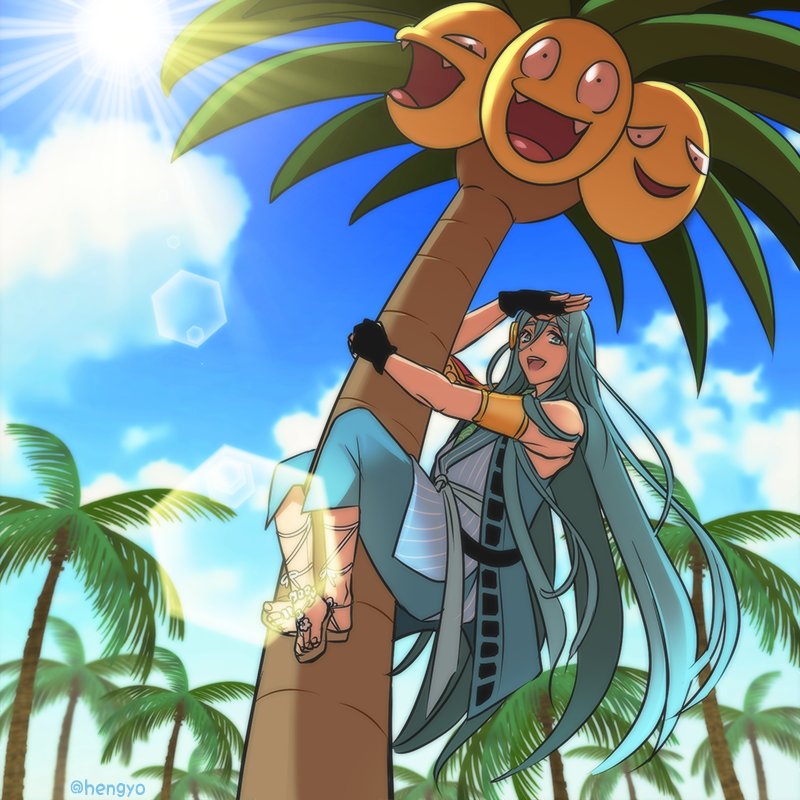 alolan_exeggutor alolan_form aqua_hair beach blue_sky chiyoganemaru climbing clouds cloudy_sky day eriyama gen_7_pokemon japanese_clothes lens_flare long_hair looking_at_viewer male_focus outdoors palm_tree pokemon pokemon_(creature) sandals sky smile touken_ranbu tree very_long_hair