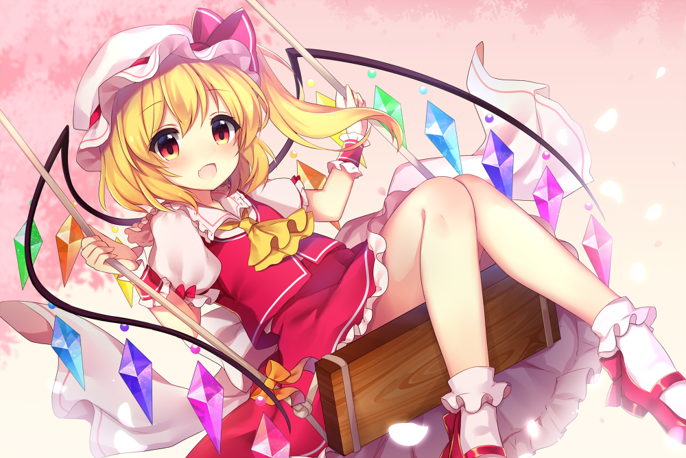 1girl :d ascot blonde_hair cherry_blossoms commentary_request eyebrows_visible_through_hair flandre_scarlet hat open_mouth petals pink_background red_eyes red_skirt ruhika short_hair side_ponytail sitting skirt smile socks solo swing touhou wings yellow_neckwear