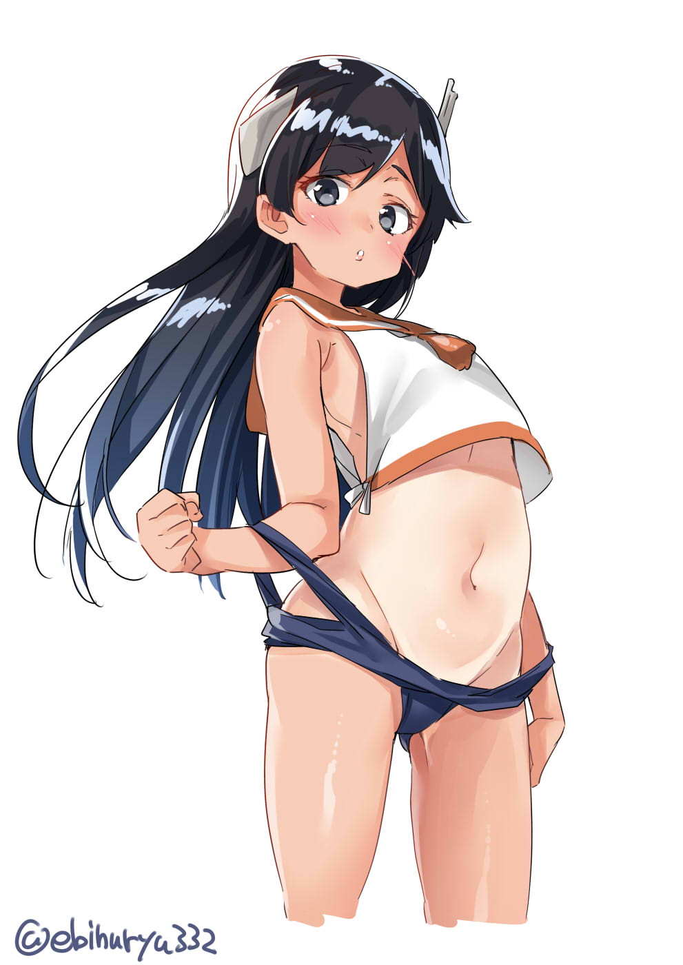 1girl bangs black_eyes blazer blue_hair blue_swimsuit crop_top cropped_legs ebifurya eyebrows_visible_through_hair gluteal_fold gradient_hair headgear highres i-400_(kantai_collection) jacket kantai_collection long_hair looking_at_viewer multicolored_hair navel one-piece_tan orange_sailor_collar sailor_collar shiny shiny_hair shirt simple_background sleeveless sleeveless_shirt solo standing stomach strap_slip swimsuit swimsuit_pull tan tanline tareme thighs twitter_username undressing white_background white_shirt