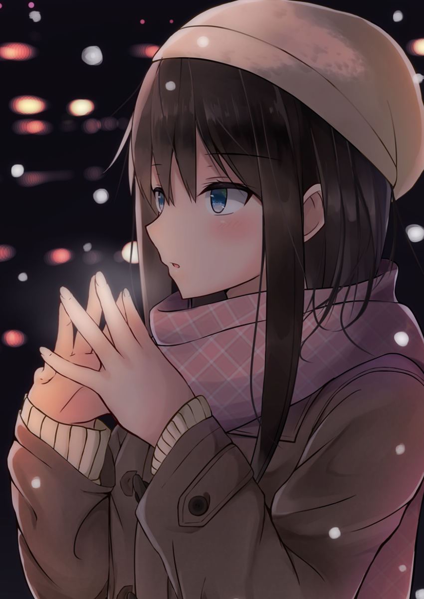 1girl bangs beanie blue_eyes blush brown_coat brown_hair brown_hat coat commentary_request eyebrows_visible_through_hair fingernails from_side hair_between_eyes hat highres long_sleeves looking_away original parted_lips pink_scarf scarf snowing solo steepled_fingers yuzuzukushi