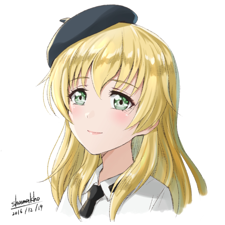1girl anzio_school_uniform artist_name bangs beret black_hat black_neckwear blonde_hair carpaccio closed_mouth cropped_neck dated dress_shirt eyebrows_visible_through_hair girls_und_panzer green_eyes hat long_hair looking_at_viewer necktie portrait school_uniform shamakho shirt signature simple_background smile solo white_background white_shirt wing_collar