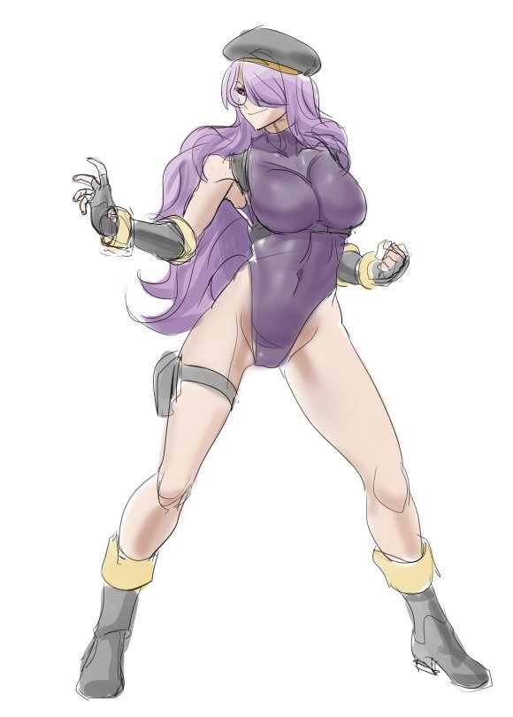 1girl artist_request beret boots breasts camilla_(fire_emblem_if) cammy_white cammy_white_(cosplay) cosplay fingerless_gloves fire_emblem fire_emblem_if gloves hair_over_one_eye hat highleg large_breasts leotard long_hair looking_at_viewer purple_hair smile solo street_fighter thong_leotard tiara very_long_hair violet_eyes wavy_hair