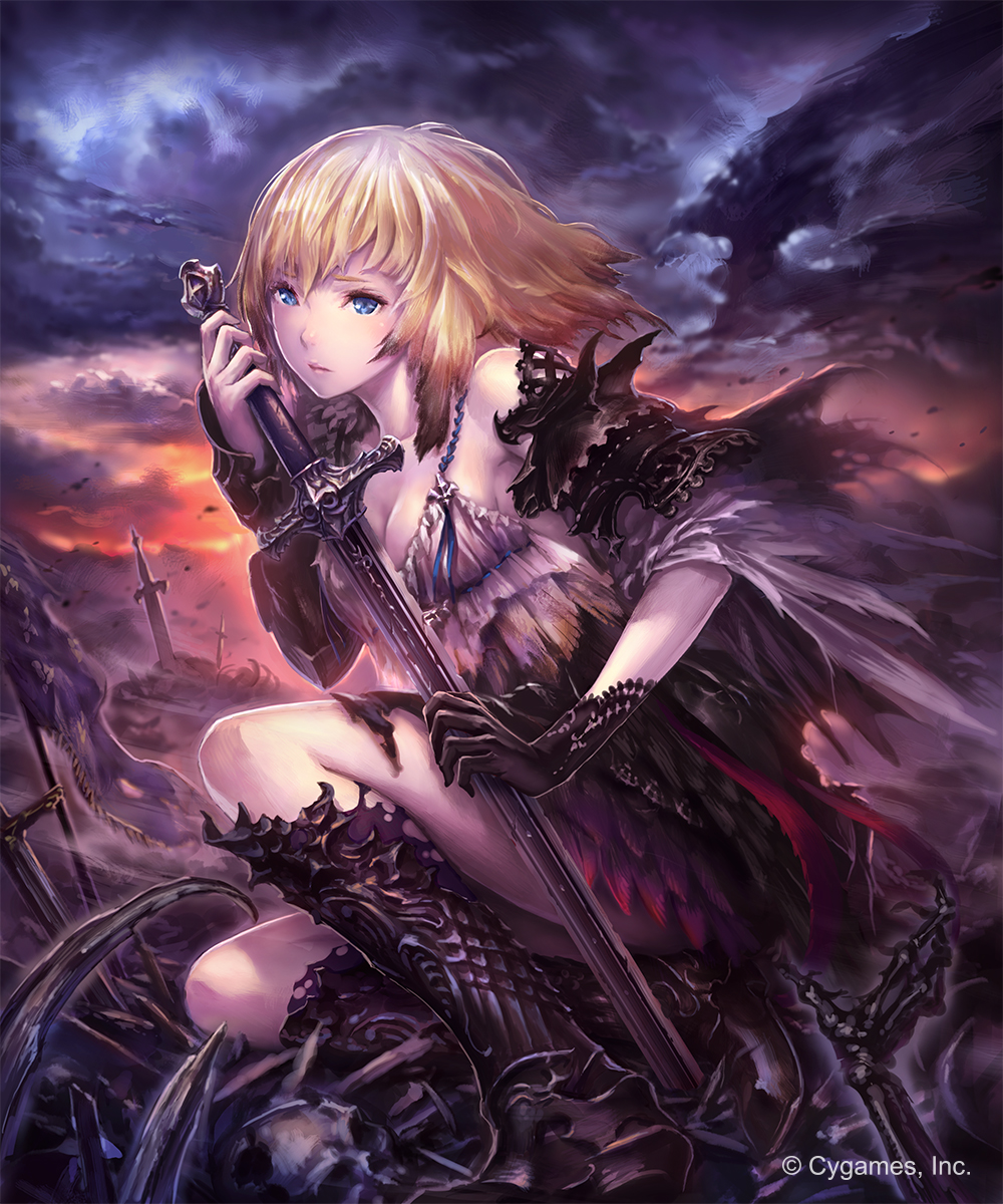 1girl armor armored_boots asymmetrical_clothes battlefield blonde_hair blue_eyes boots bracer clouds cloudy_sky commentary_request copyright_name cygames dark_jeanne gloves highres hisakata_souji holding holding_sword holding_weapon looking_at_viewer shadowverse shingeki_no_bahamut skeleton sky sword torn_clothes weapon