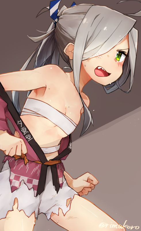 1girl asashimo_(kantai_collection) cowboy_shot green_eyes hair_over_one_eye happi japanese_clothes kantai_collection long_hair ponytail rimukoro sarashi sharp_teeth shorts silver_hair solo teeth torn_clothes