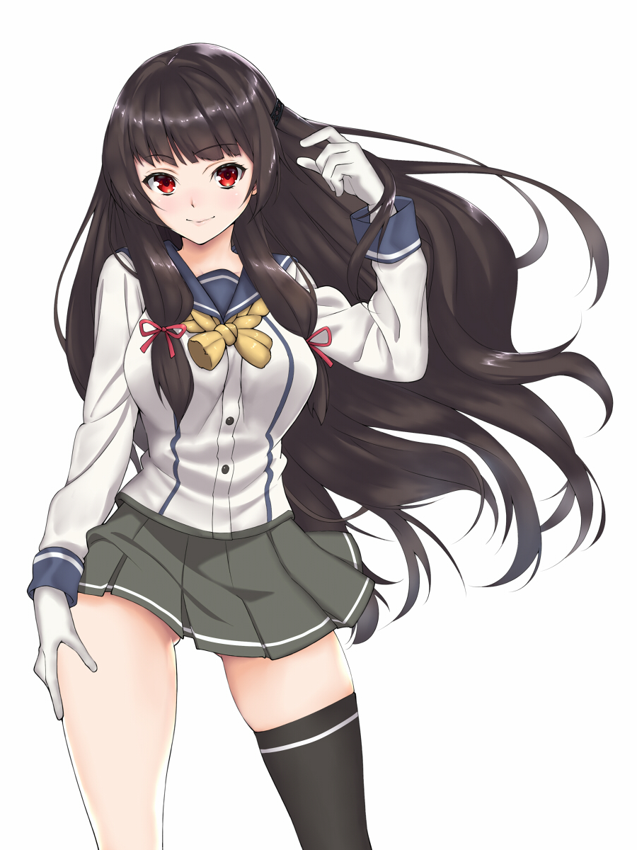 1girl black_hair black_legwear closed_mouth commentary_request eyebrows_visible_through_hair gloves grey_skirt hair_ribbon highres isokaze_(kantai_collection) kantai_collection long_hair long_sleeves looking_at_viewer pleated_skirt red_eyes red_ribbon ribbon school_uniform shingyo simple_background single_thighhigh skirt smile solo standing thigh-highs thighs white_background white_gloves