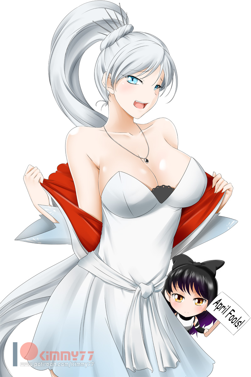 2girls alfred_cullado alternate_costume animal_ears april_fools black_hair blake_belladonna blue_eyes blush bow breasts cat_ears cleavage collarbone dress english hair_bow highres jewelry large_breasts long_hair looking_at_viewer multiple_girls necklace open_mouth patreon_logo pendant ponytail rwby simple_background swimsuit watermark web_address weiss_schnee white_background white_dress white_hair yellow_eyes
