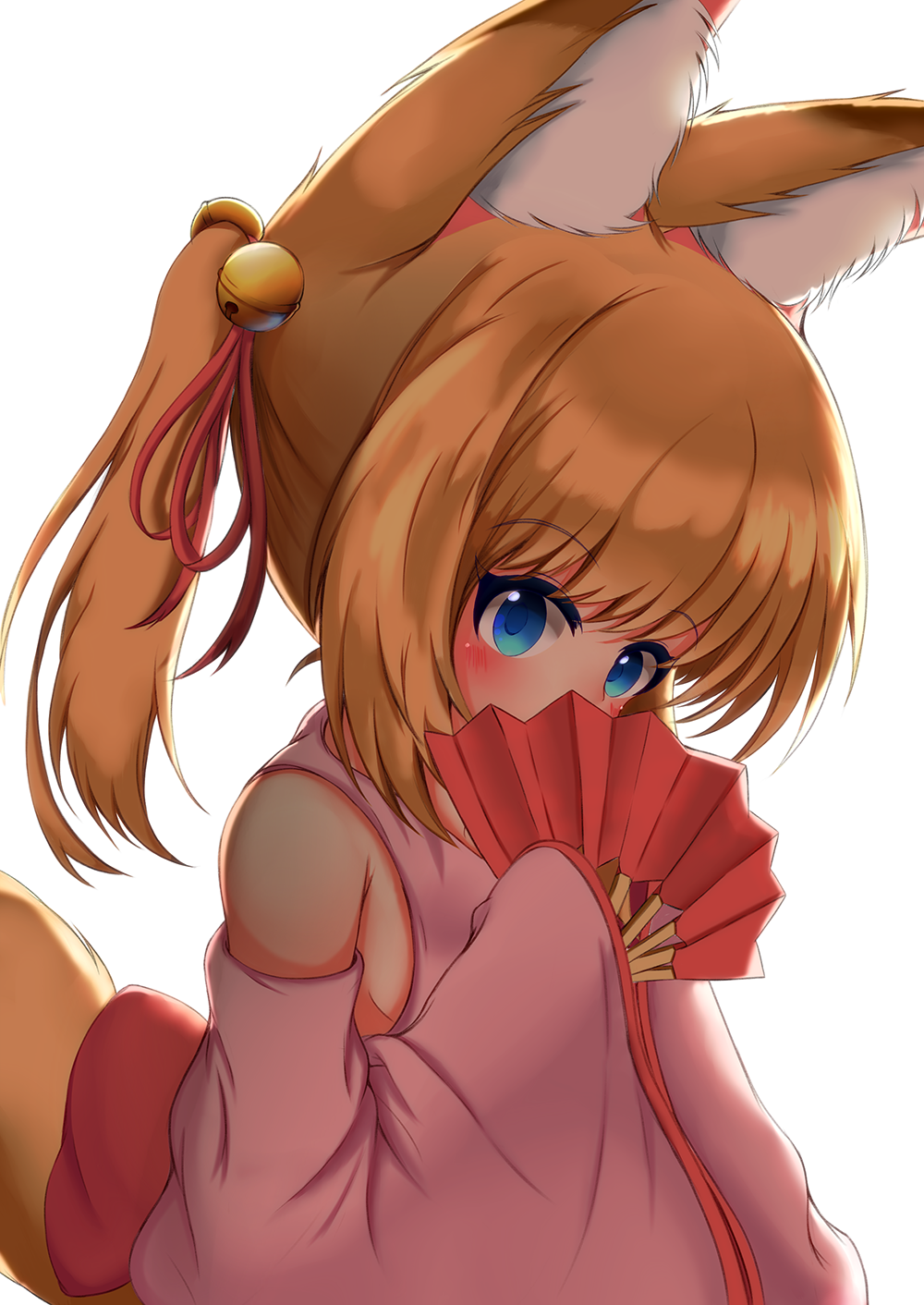 1girl animal_ears backlighting bangs bare_shoulders bell blonde_hair blue_eyes blush bow commentary_request covered_mouth detached_sleeves eyebrows_visible_through_hair fan folding_fan fox_ears fox_girl fox_tail hair_bell hair_ornament hair_ribbon highres holding holding_fan jingle_bell kemomimi_vr_channel long_hair long_sleeves mikoko_(kemomimi_vr_channel) peru_(perushee) red_bow red_ribbon ribbon sidelocks simple_background sleeves_past_fingers sleeves_past_wrists solo tail twintails virtual_youtuber white_background wide_sleeves