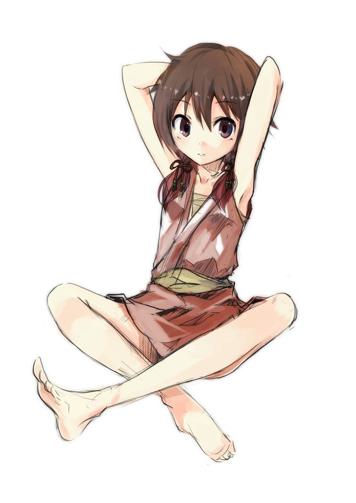 1girl armpits bare_legs barefoot brown_eyes brown_hair commentary_request eyebrows_visible_through_hair hands_up looking_at_viewer low_twintails nanabuluku original robe sarashi sash simple_background sitting sketch solo twintails white_background