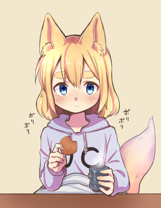 1girl animal_ears blue_eyes blush closed_mouth commentary_request cookie cup eyebrows_visible_through_hair food fox_ears fox_tail holding holding_food hood hood_down hoodie kai_himo kotatsu looking_at_viewer original purple_hoodie short_hair simple_background sitting solo steam table tail thick_eyebrows yellow_background