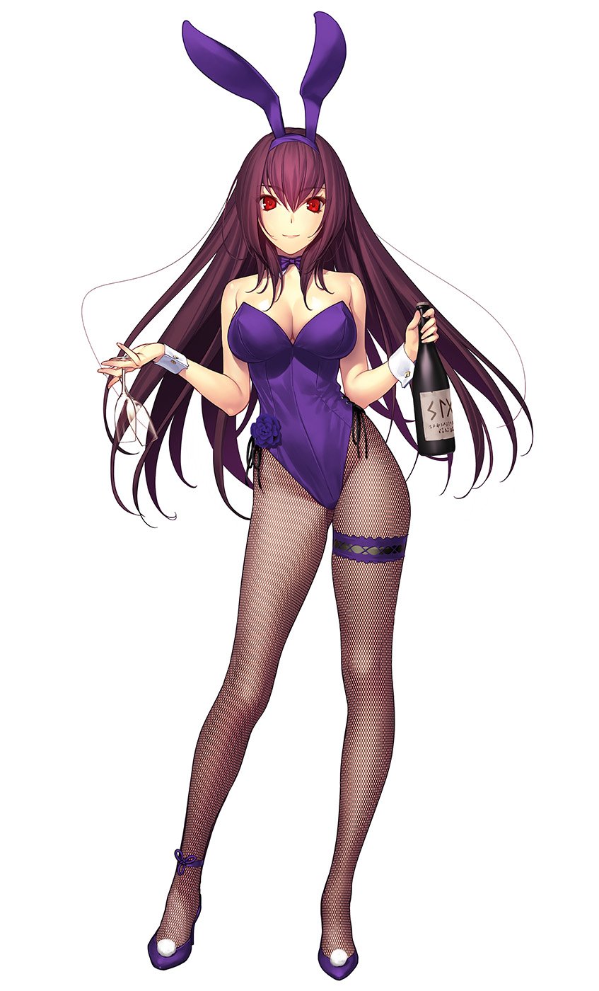 1girl alcohol animal_ears bare_shoulders bottle breasts bunnysuit cleavage commentary_request contrapposto cup detached_collar drinking_glass fake_animal_ears fate/grand_order fate_(series) fishnet_pantyhose fishnets flower full_body garter_straps hairband highres koyama_hirokazu leotard long_hair looking_at_viewer pantyhose purple_flower purple_footwear purple_hair purple_leotard purple_neckwear purple_rose rabbit_ears rose scathach_(fate/grand_order) simple_background smile solo strapless strapless_leotard very_long_hair white_background wine_bottle wine_glass wrist_cuffs