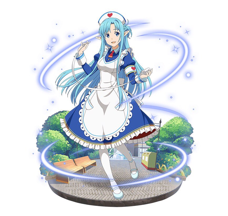 1girl :d apron armband asuna_(sao-alo) bandage blue_dress blue_eyes blue_footwear blue_hair breasts dress faux_figurine floating_hair full_body hat heart heart_print holding long_hair looking_at_viewer mary_janes medium_breasts necktie nurse nurse_cap open_mouth pointy_ears red_neckwear shoes short_necktie simple_background smile solo standing sword_art_online very_long_hair white_apron white_background white_legwear