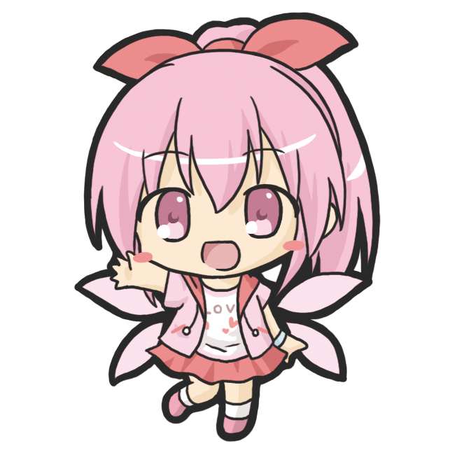 1girl :d bangs blush_stickers chibi clothes_writing commentary_request drawstring eyebrows_visible_through_hair fairy_wings full_body hair_between_eyes hair_ribbon heart high_ponytail hood hood_down hoodie long_hair open_clothes open_hoodie open_mouth original outstretched_arm pink_eyes pink_footwear pink_hair pink_hoodie pink_wings ponytail print_shirt red_ribbon red_skirt ribbon rinechun shirt simple_background skirt smile socks solo standing standing_on_one_leg white_background white_legwear white_shirt wings