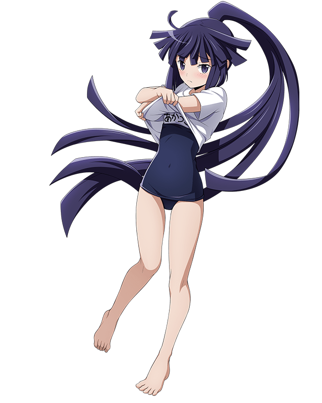 1girl akatsuki_(log_horizon) barefoot blue_swimsuit blush character_name covered_navel embarrassed eyebrows_visible_through_hair floating_hair full_body high_ponytail log_horizon long_hair looking_at_viewer official_art one-piece_swimsuit purple_hair school_swimsuit shirt_lift short_sleeves solo swimsuit transparent_background very_long_hair violet_eyes