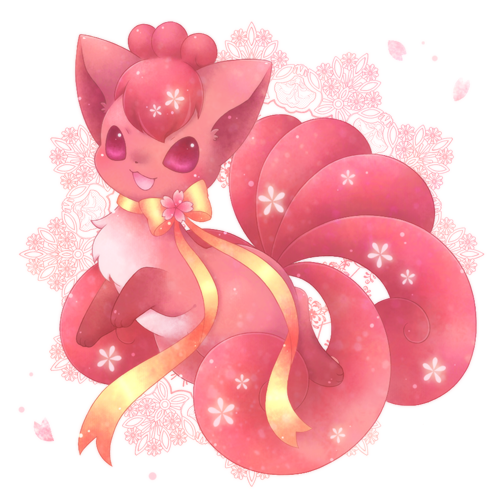 :d blush floral_background flower full_body gen_1_pokemon looking_at_viewer lowres multiple_tails neck_ribbon no_humans open_mouth petals pink_eyes pokemon pokemon_(creature) ribbon smile tail ten'on_(amane09) vulpix yellow_ribbon