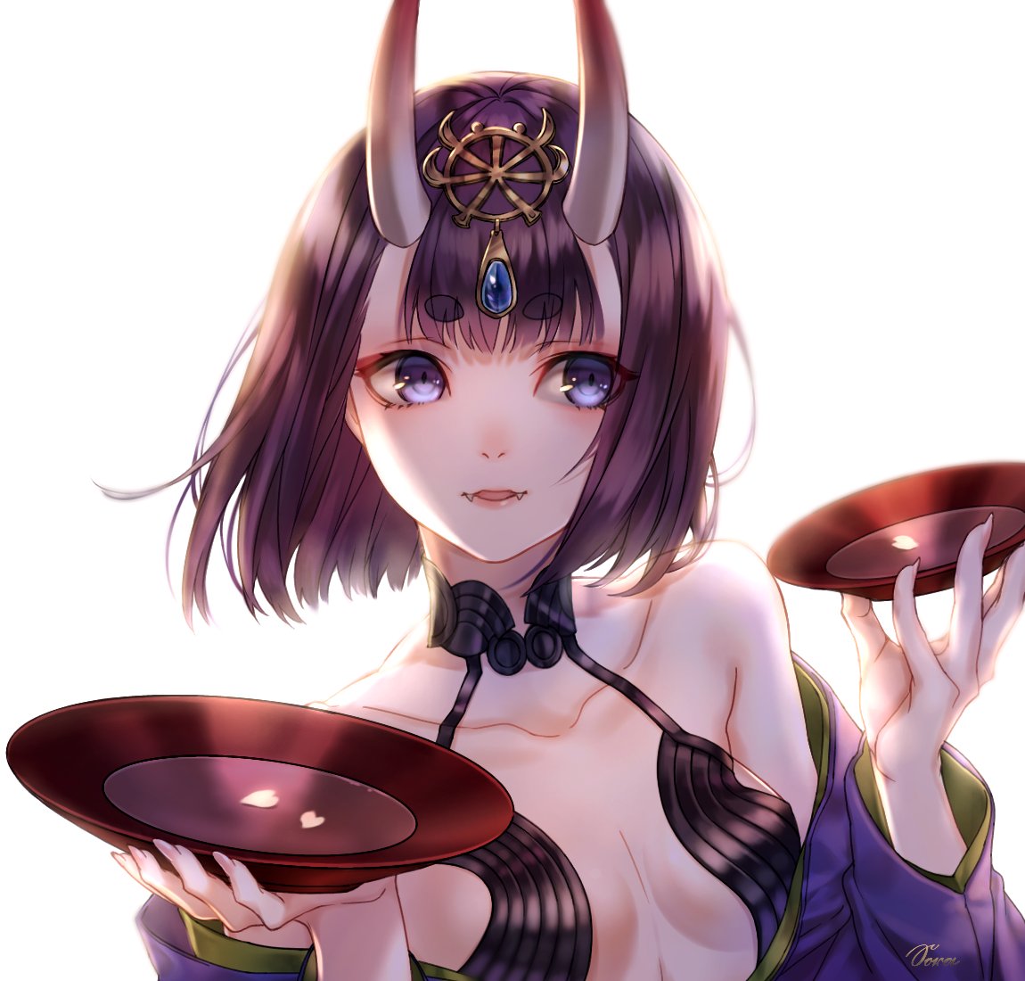 1girl artist_name backlighting bangs bare_shoulders blush bob_cut breasts choker collarbone cup eyeliner fangs fate/grand_order fate_(series) forehead_jewel holding holding_cup horns japanese_clothes kimono lips makeup nose_blush oni oni_horns open_clothes open_kimono open_mouth petals purple_hair revealing_clothes sakazuki short_hair shuten_douji_(fate/grand_order) simple_background smile solo sora_(soramame) upper_body violet_eyes white_background