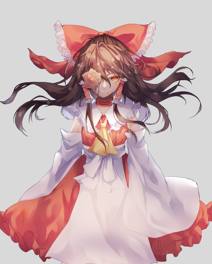 1girl ascot bow brown_eyes brown_hair choker collar collared_shirt detached_sleeves floating_hair flower flower_ornament frilled_bow frilled_collar frilled_hair_tubes frilled_skirt frills hair_bow hakurei_reimu japanese_clothes long_hair long_sleeves miko mirimo one_eye_covered red_bow red_choker red_skirt shirt simple_background skirt sleeveless sleeveless_shirt solo touhou tsurime upper_body wide_sleeves yellow_neckwear