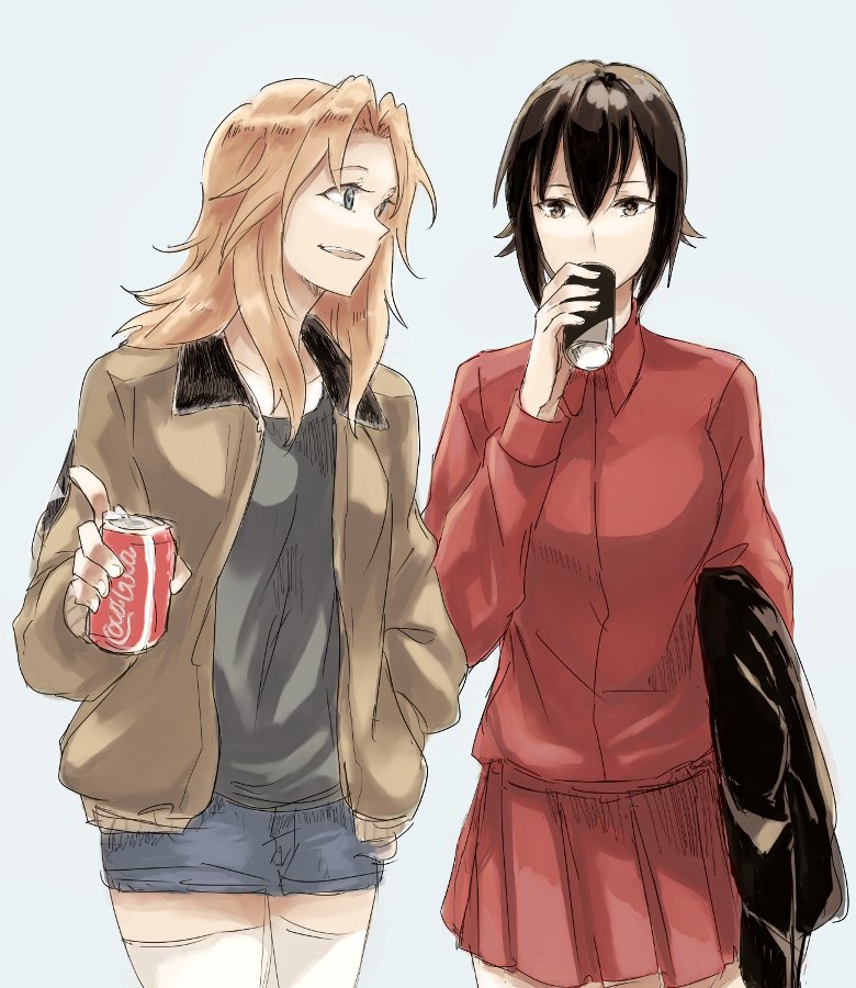 2girls bangs black_jacket black_shirt blonde_hair blue_eyes blue_shorts brown_eyes brown_hair brown_jacket can coca-cola cowboy_shot denim denim_shorts dress_shirt drinking emblem girls_und_panzer grey_background hair_intakes hand_in_pocket holding holding_jacket jacket jacket_removed kay_(girls_und_panzer) kuromorimine_military_uniform long_hair long_sleeves looking_at_another military military_uniform miniskirt multiple_girls nishizumi_maho open_clothes open_jacket open_mouth pleated_skirt red_shirt red_skirt saunders_military_uniform shirt short_hair short_shorts shorts side-by-side sketch skirt smile soda_can standing star thigh-highs uniform white_legwear yuuyu_(777)