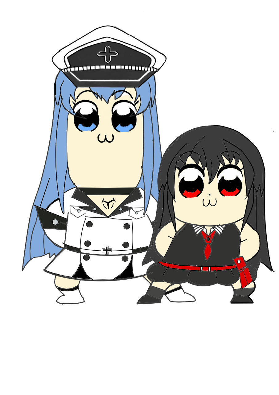 2girls :3 akame akame_ga_kill! bkub_(style) black_hair blue_eyes blue_hair esdeath hat long_hair parody pixiv poptepipic red_eyes simple_background skirt sleeveless_shirt tattoo uniform yagi_sakana