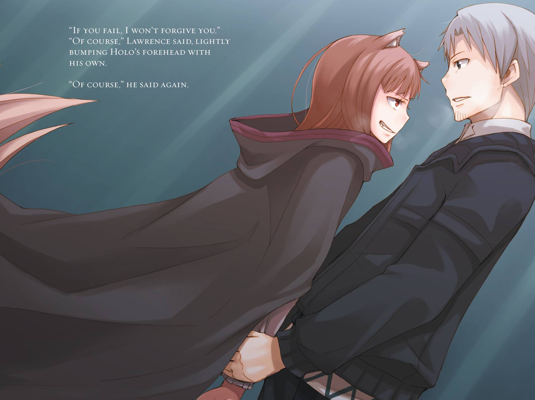 1boy 1girl animal_ears ayakura_juu brown_hair cape couple craft_lawrence dutch_angle eye_contact fang from_side grin highres holo looking_at_another novel_illustration official_art parted_lips silver_hair smile spice_and_wolf tail wolf_ears wolf_tail