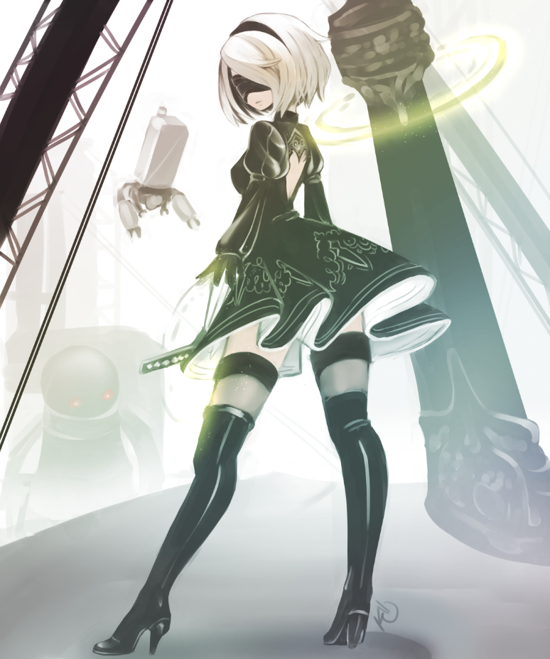 1girl 2girls angelica_(k3lly) back_cutout black_dress black_footwear black_hairband blindfold boots breasts character_request covered_eyes dress facing_viewer feather-trimmed_sleeves full_body grey_hair hairband high_heel_boots high_heels juliet_sleeves long_sleeves medium_breasts multiple_girls nier_(series) nier_automata no_mole puffy_sleeves short_hair standing thigh-highs thigh_boots thighhighs_under_boots yorha_no._2_type_b zettai_ryouiki