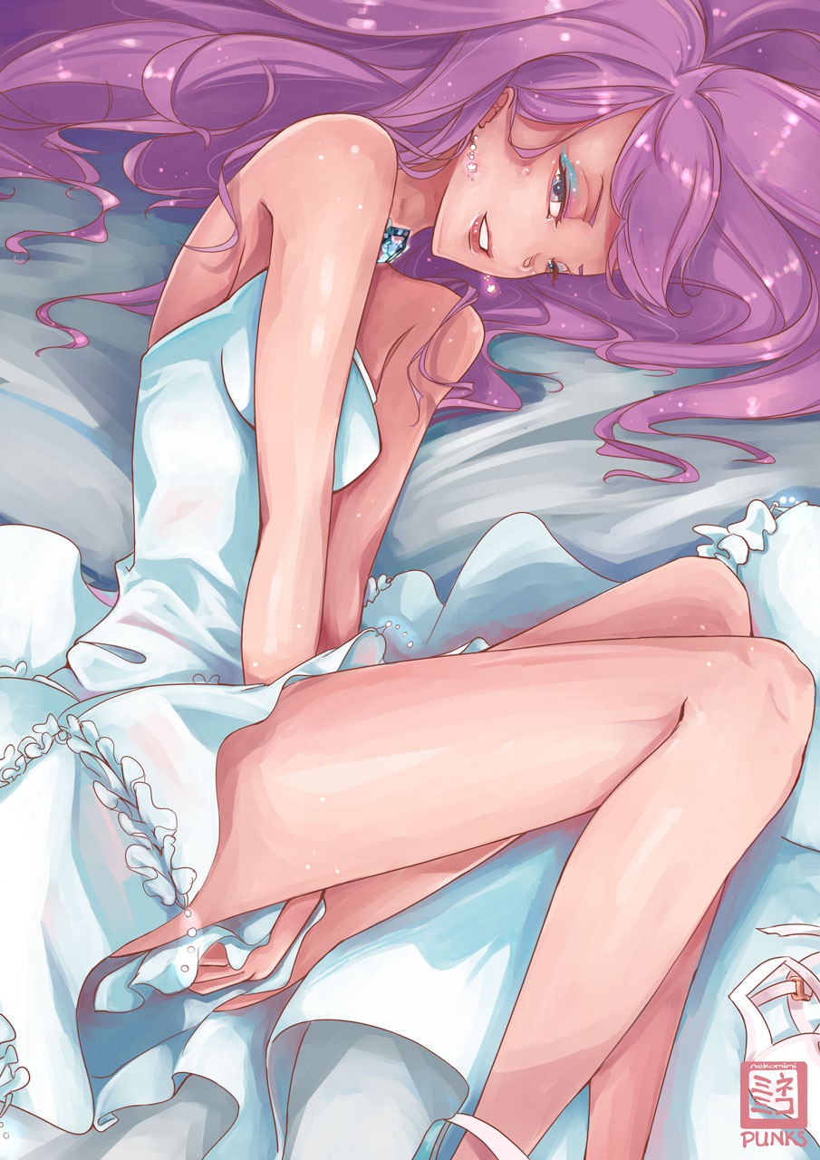 1boy arms artist_name between_legs brooch dress earrings eyelashes eyeshadow feet_out_of_frame from_above gem hair_spread_out hand_between_legs high_heels highres jewelry koibuchi_kuranosuke kuragehime legs lipstick long_hair looking_at_viewer lying makeup necklace nekomimipunks on_bed on_side parted_lips shoe_removed signature sleeveless sleeveless_dress smile solo star star_earrings strappy_heels trap very_long_hair violet_eyes white_dress