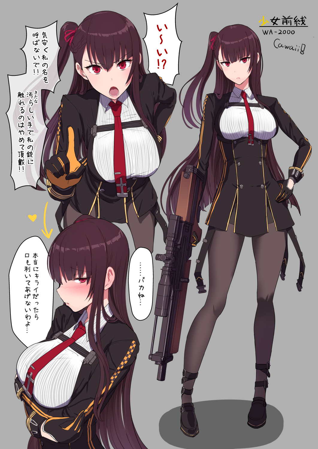 1girl bangs black_dress black_gloves black_legwear blush breasts brown_hair bullpup character_name closed_mouth copyright_name crossed_arms dress eyebrows_visible_through_hair full_body girls_frontline gloves gun hair_ribbon hand_on_hip highres holding holding_gun holding_weapon index_finger_raised large_breasts looking_at_viewer military military_uniform miyamoto_issa multiple_views necktie one_side_up open_mouth pantyhose purple_ribbon pursed_lips revision ribbon rifle short_dress sidelocks sniper_rifle speech_bubble standing translation_request tsundere tsurime uniform violet_eyes wa2000_(girls_frontline) walther walther_wa_2000 weapon