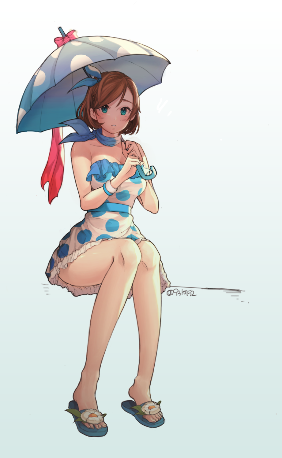 1girl ascot bare_shoulders blue_eyes blue_neckwear blush breasts brown_hair cleavage dress frilled_dress frills h_cheomji highres invisible_chair looking_at_viewer original parted_lips polka_dot polka_dot_dress polka_dot_umbrella sash short_dress short_hair sitting slippers solo strapless strapless_dress umbrella