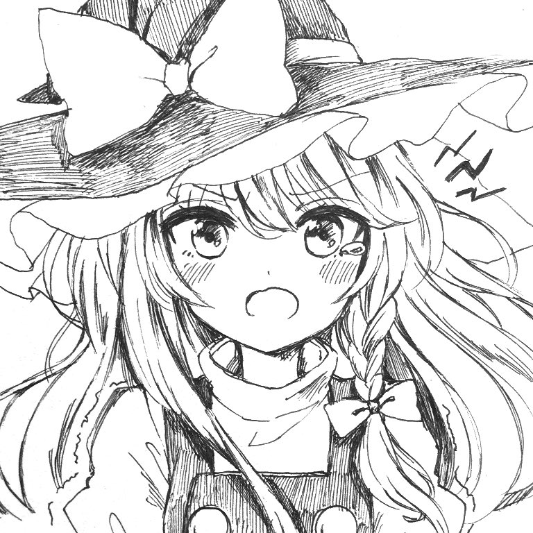 1girl :d angry blush bow braid d: graphite_(medium) greyscale hat hat_bow kirisame_marisa long_hair looking_at_viewer monochrome open_mouth puffy_short_sleeves puffy_sleeves short_sleeves side_braid single_braid sketch smile solo tears touhou traditional_media trembling turtleneck v-shaped_eyebrows very_long_hair vest wavy_hair witch_hat yururi_nano
