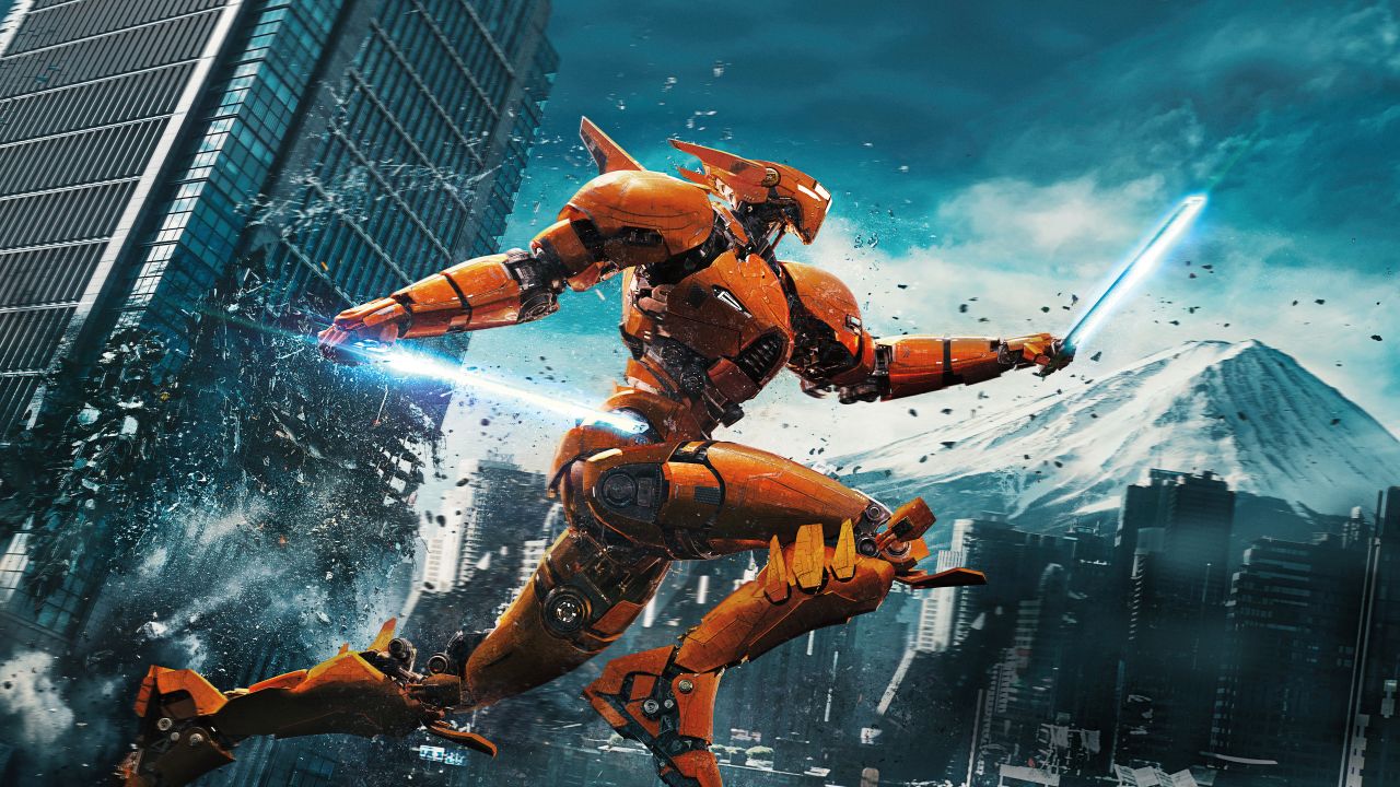 3d battle beam_saber building cityscape clouds damaged debris dirty dual_wielding epic jumping lens_flare mecha mount_fuji official_art pacific_rim:_uprising promotional_art realistic ruins running saber_athena science_fiction