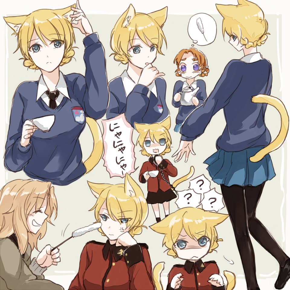3girls :3 ? angry animal_ears bangs black_footwear black_legwear black_neckwear black_skirt blonde_hair blue_eyes blue_skirt blue_sweater boots braid brown_jacket cat_day cat_ears cat_tail cat_teaser chin_rest closed_eyes closed_mouth commentary cropped_torso darjeeling dress_shirt emblem epaulettes eyebrows_visible_through_hair from_behind frown girls_und_panzer grey_background grin hair_intakes holding jacket kay_(girls_und_panzer) kemonomimi_mode loafers long_hair long_sleeves looking_at_another looking_at_viewer looking_back military military_uniform miniskirt multiple_girls multiple_views necktie open_mouth orange_hair orange_pekoe outside_border pantyhose parted_bangs pleated_skirt radio red_jacket school_uniform shirt shoes short_hair sketch skirt smile spoken_question_mark st._gloriana's_(emblem) st._gloriana's_military_uniform st._gloriana's_school_uniform standing sweater tail teapot tied_hair twin_braids uniform v-neck white_shirt yuuyu_(777)