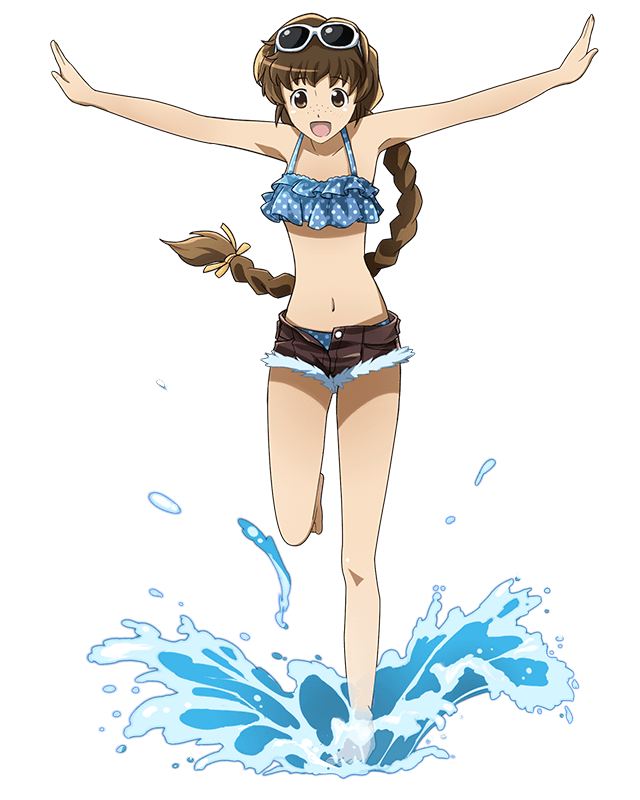 :d barefoot bikini blue_bikini braid brown_eyes brown_hair brown_shorts collarbone eyebrows_visible_through_hair eyewear_on_head floating_hair freckles full_body hair_ribbon isuzu_(log_horizon) log_horizon long_hair looking_down low-tied_long_hair navel official_art one_leg_raised open_clothes open_mouth open_shorts outstretched_arms polka_dot polka_dot_bikini ponytail ribbon short_shorts shorts single_braid smile solo standing standing_on_one_leg sunglasses swimsuit transparent_background very_long_hair water white-framed_eyewear yellow_ribbon
