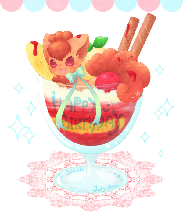 :3 :d banana blush cherry cinnamon_roll cup food fruit gen_1_pokemon happy_birthday heart ice_cream in_container in_cup leaf looking_at_viewer multiple_tails no_humans open_mouth pokemon pokemon_(creature) simple_background smile sparkle sundae tail ten'on_(amane09) violet_eyes vulpix white_background