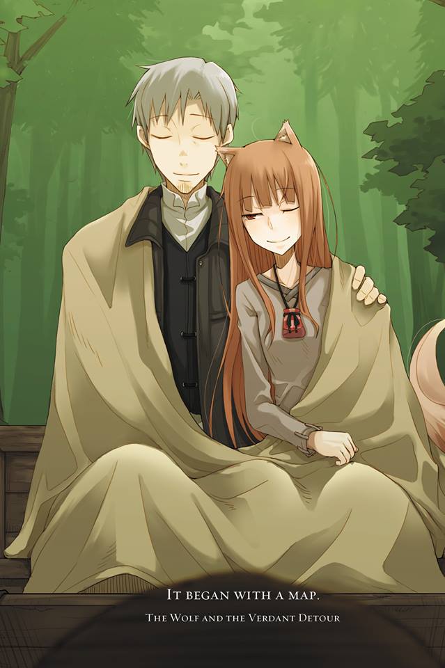 1boy 1girl ;) animal_ears ayakura_juu brown_hair closed_eyes couple craft_lawrence eyebrows_visible_through_hair forest grey_shirt hand_on_another's_shoulder holo jacket long_hair nature novel_illustration official_art one_eye_closed outdoors pouch red_eyes shirt silver_hair sitting smile spice_and_wolf tail tree very_long_hair wolf_ears wolf_tail