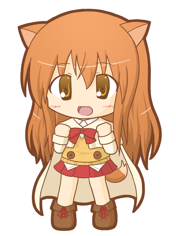 1girl :d animal_ears bangs beige_cape blush boots brown_eyes brown_footwear brown_hair cape chibi collared_shirt commentary_request dog_days dog_ears dog_girl dog_tail eyebrows_visible_through_hair full_body hair_between_eyes long_hair long_sleeves looking_at_viewer naruse_ricotta open_mouth pleated_skirt red_skirt rinechun shirt simple_background skirt smile solo standing sweater_vest tail very_long_hair white_background white_shirt