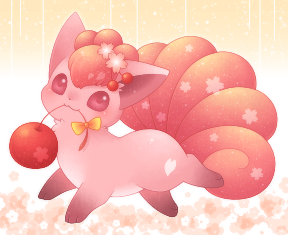 :3 apple cherry closed_mouth covered_mouth flower food fox fruit full_body gen_1_pokemon gradient gradient_background looking_at_viewer multiple_tails no_humans petals pink_eyes pokemon pokemon_(creature) ribbon smile tail ten'on_(amane09) vulpix yellow_background yellow_ribbon