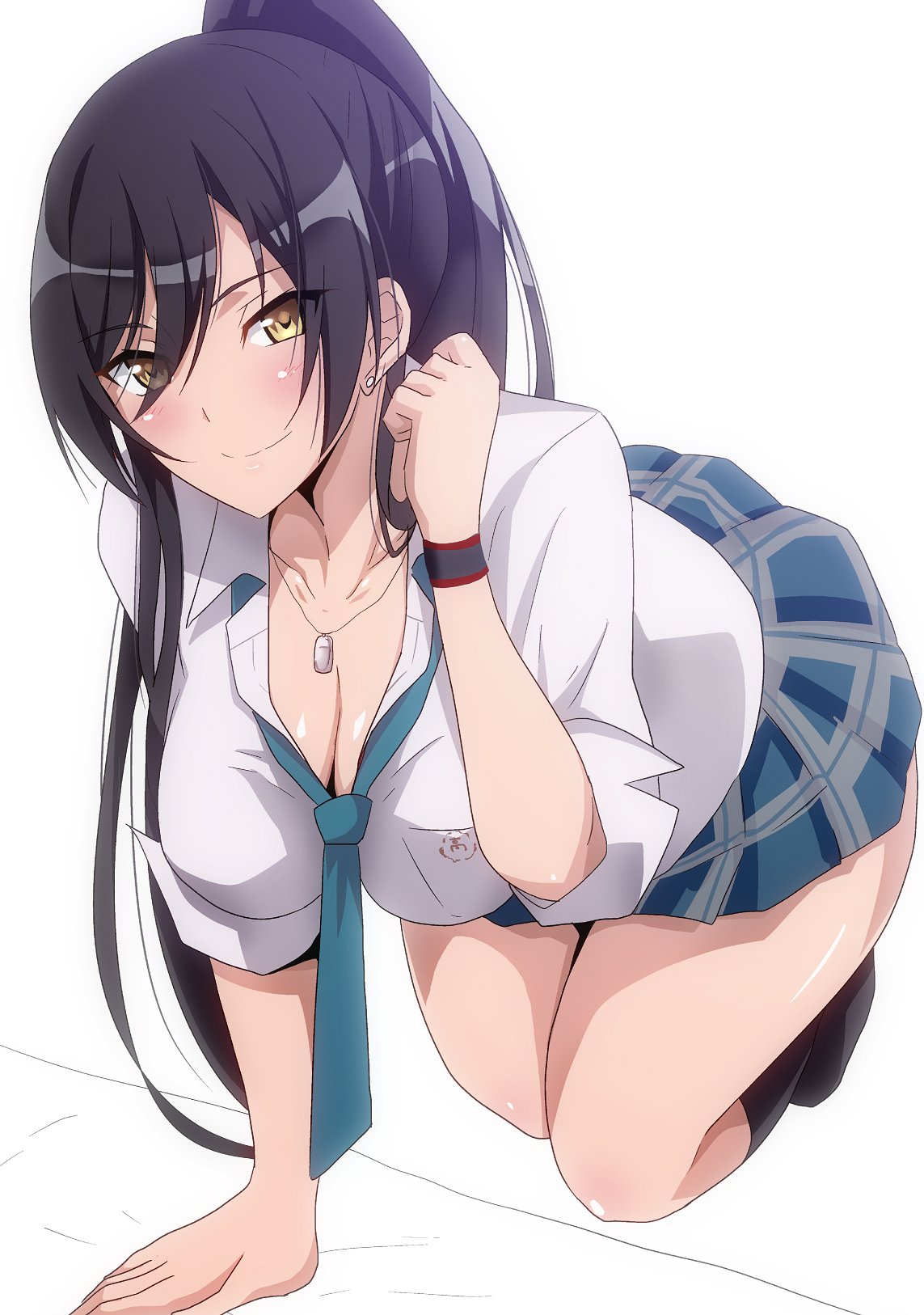 1girl black_hair black_legwear blue_neckwear blush breasts brown_eyes cleavage collarbone dog_tags earrings hair_between_eyes hera_(hara0742) highres idolmaster idolmaster_shiny_colors jewelry large_breasts leaning_forward looking_at_viewer loose_necktie necktie open_clothes open_shirt plaid plaid_skirt pleated_skirt ponytail school_uniform shirase_sakuya shirt simple_background skirt smile solo white_background white_shirt wristband