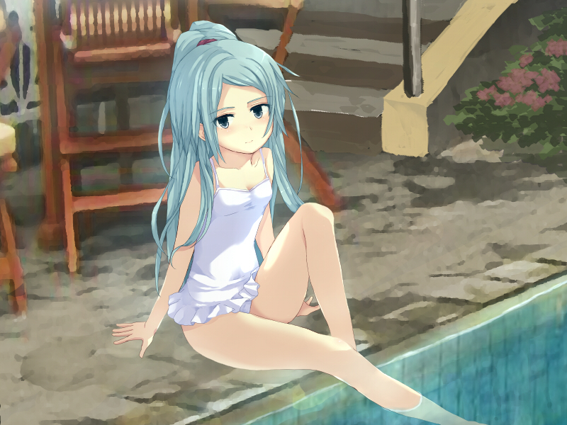 1girl barefoot blue_eyes blue_hair blush breasts bush chair closed_mouth collarbone eyebrows_visible_through_hair frilled_swimsuit frills head_tilt hide38 high_ponytail long_hair looking_at_viewer official_art partially_submerged pool satou_kozue_(seabed) seabed sitting small_breasts smile solo stairs swimsuit very_long_hair water white_swimsuit