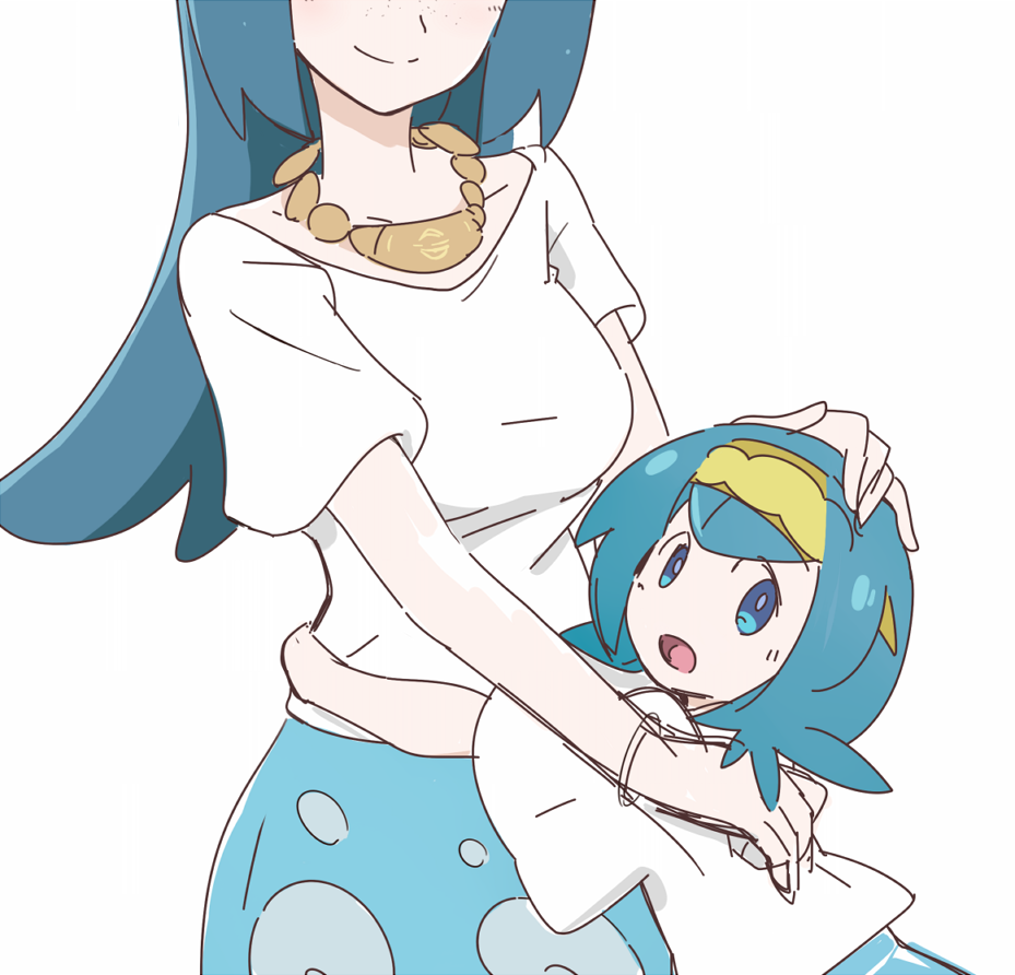 2girls age_difference blue_eyes blue_hair blue_skirt freckles hairband hand_on_another's_head head_out_of_frame hug jewelry long_hair looking_at_viewer mother_and_daughter multiple_girls nagitaro necklace pokemon pokemon_(anime) pokemon_sm_(anime) shirt short_hair sketch skirt smile suiren's_mother_(pokemon) suiren_(pokemon) t-shirt white_shirt
