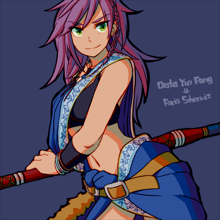 1girl belt blue_dress bright_pupils closed_mouth cosplay dress faris_scherwiz final_fantasy final_fantasy_v final_fantasy_xii green_eyes holding long_hair looking_at_viewer oerba_yun_fang simple_background solo sunagimo_(nagimo)