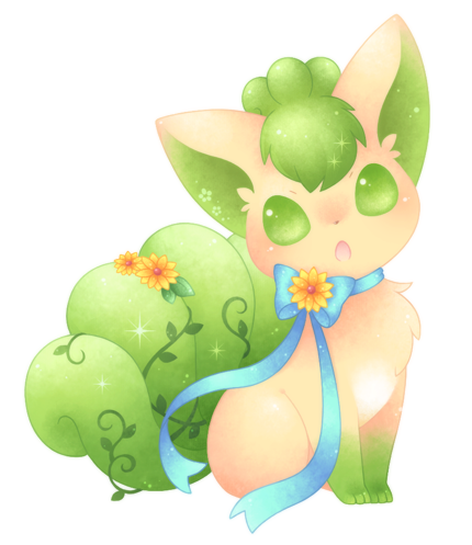 :o alternate_color blue_neckwear blue_ribbon blush flower full_body green_eyes head_tilt looking_at_viewer lowres multiple_tails neck_ribbon no_humans open_mouth plant pokemon ribbon simple_background sitting sparkle tail ten'on_(amane09) vines vulpix white_background yellow_flower