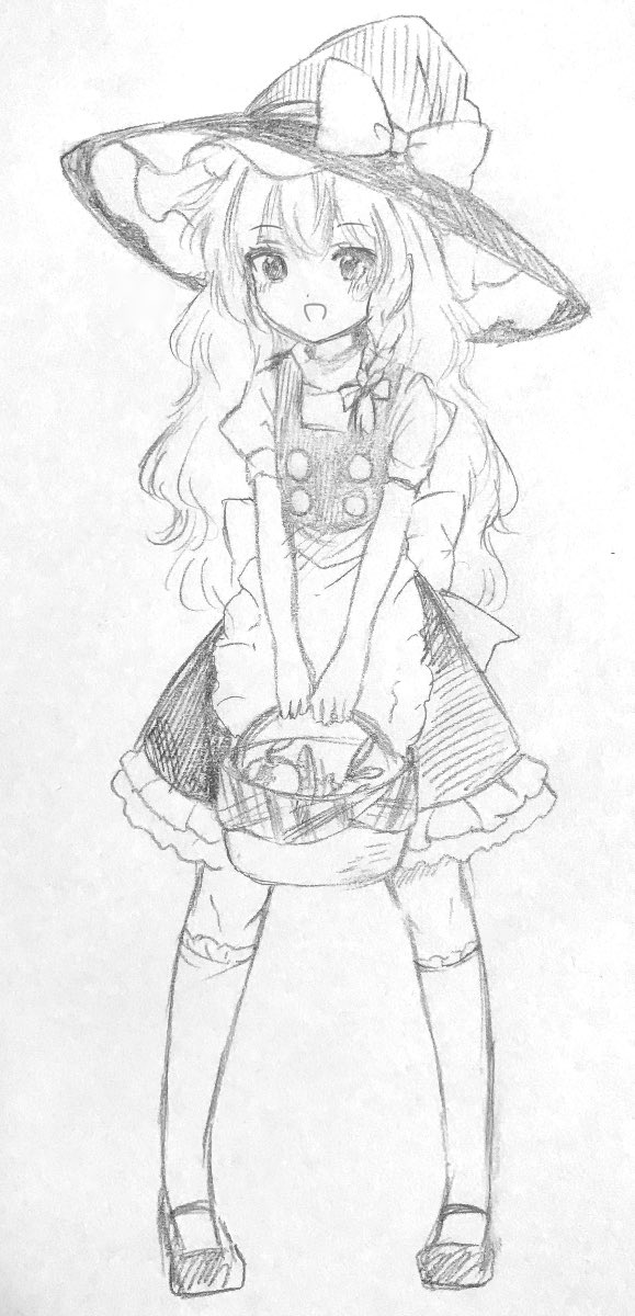 1girl :d apron basket blush bow commentary dress graphite_(medium) greyscale hat hat_bow highres kirisame_marisa kneehighs long_hair looking_at_viewer mary_janes monochrome open_mouth pigeon-toed puffy_short_sleeves puffy_sleeves shoes short_sleeves sketch smile solo touhou traditional_media turtleneck very_long_hair waist_apron wavy_hair witch_hat yururi_nano