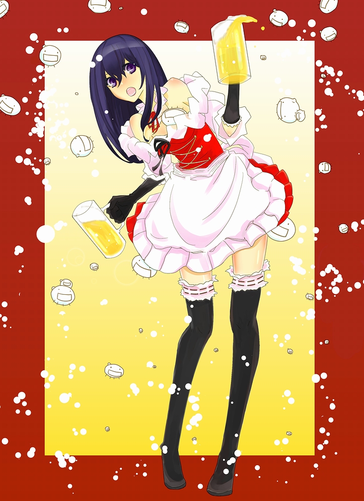 1boy alcohol alternate_costume alternate_eye_color alternate_hair_color bare_shoulders beer beer_mug black_gloves black_legwear blue_hair border cerevisiae-tan corset crossdressinging detached_collar dirndl elbow_gloves german_clothes gloves gradient gradient_background holding_mug lace lace-trimmed_thighhighs leaning_to_the_side long_hair moyashimon neeharu open_mouth red_border solo spilling thigh-highs trap violet_eyes yellow_background yuuki_kei zettai_ryouiki